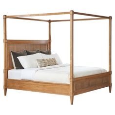 a wooden bed frame with white sheets and pillows on the bottom, against a white background