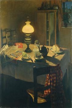 a painting of a dining room table with dishes on it and a lamp in the corner