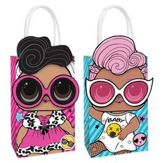 two bags with cartoon characters on them, one is wearing sunglasses and the other has pink hair