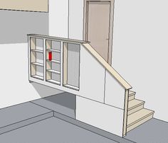 a drawing of an empty room with stairs leading up to the door and cupboards