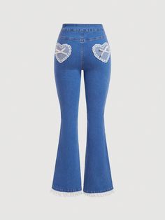 Women's Heart Lace Trim Flare Jeans Light Wash    Denim  Flare Leg High Stretch  Women Clothing, size features are:Bust: ,Length: ,Sleeve Length: Cute Flare Jeans, Bling Jeans, Cute Pants, Jeans Light Wash, Bandana Hairstyles, Jeans Light, Denim Flares, Boho Women, College Life