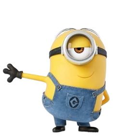 a cartoon minion with one hand up and two legs down, wearing overalls