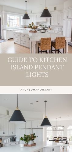 the kitchen island is surrounded by white cabinets and an island with two lights on it