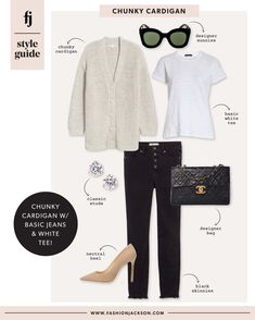 Style Guides | Fashion Jackson How To Style A Cardigan, Heels Chanel, Celine Belt, Chunky Sweater Cardigan, Neutral Heels, Cardigan White, Fashion Jackson, Chunky Cardigan, Casual Work Outfit