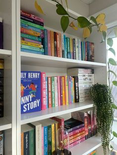 a white book shelf filled with lots of books next to a potted green plant