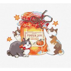 a cross stitch pattern with two cats and a jar of pumpkin jam