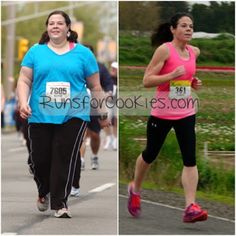 two women are running and jogging in the same race, one is wearing a pink shirt