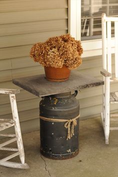 a potted plant sitting on top of an old canister in front of a house