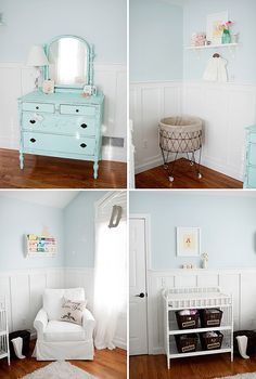 four different pictures of a baby's room with furniture and decor on the walls