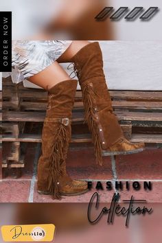 Winter Women Faux Suede Tassel Boots Fashion Ethnic Fringe Boho Long Boots Flat Heel Knee High Boots Western Boots With Tassels For Fall, Western Style Boots With Tassels For Fall, Bohemian Leather Boots With Fringe, Festival Leather Fringe Boots, Bohemian Leather Boots For Winter, Brown Tasseled Boots For Festivals, Leather Bohemian Boots For Festival, Brown Fringe Boots For Festival, Brown Western Boots With Tassels