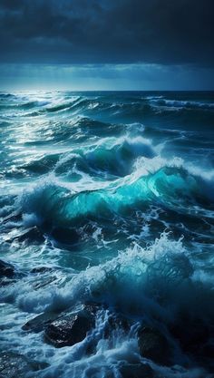 the ocean is full of blue waves under a cloudy sky with dark clouds above it