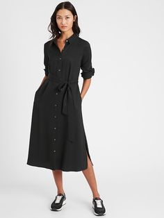 TENCEL™ Midi Shirtdress | Banana Republic Dress Shirts Women, Belted Shirt Dress, Black Midi, Shirts Women, Midi Shirt Dress, Dress Shapes, Banana Republic Dress, Spring Wardrobe, Black Shirt Dress