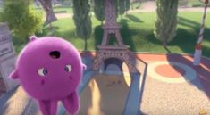 an animated character is standing in front of the eiffel tower with its eyes wide open