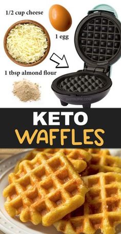 some waffles are on a plate with cheese and eggs in the background,