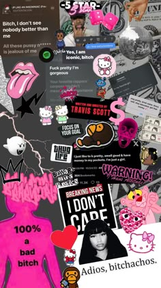 a collage of pink and black stickers with the words, i don't care