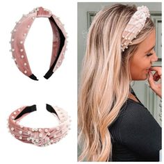 Blush Pink Faux Pearl Bead Velvet Fabric Headband With Knotted Top Blush Boutique, Knotted Top, Monster Halloween, Pink Hair Bows, Pink Headband, Bow Headband Hairstyles, Knotted Headband, Fabric Headbands, Knot Headband