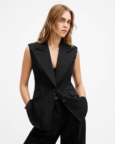 Hally Relaxed Fit Suit Black | ALLSAINTS US Black Suit Women, Waistcoat Women, Waistcoat Woman, Sleeveless Blazer, Suit Waistcoat, Plain Outfits, Suit Women, Black Suit, Outerwear Vest