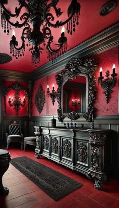 an ornate bathroom with red walls and chandelier