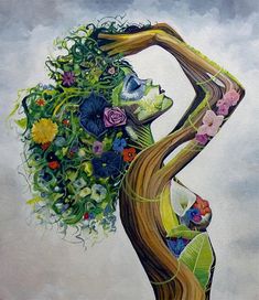 a painting of a woman with flowers on her head and hair in the shape of a tree