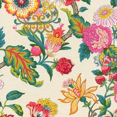 an image of colorful flowers and leaves on a white background for wallpaper or upholstering