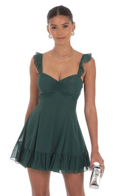 Shimmer Chiffon Ruffle Strap Dress in Green | LUCY IN THE SKY Boho Hoco Dress Short, Dresses Semi Formal Short, Band Banquet Dresses, Homecoming Dresses Forest Green, Hoco Dress Ideas 2024, Fall Hoco Dress, Hoco Dresses Thick Straps, Cha Cha Outfit Dance Dresses, Frat Formal Dresses