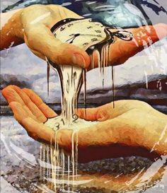 two hands are dripping water from a clock in the palm of one hand, while another holds out their other hand