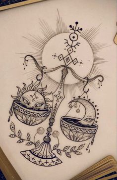 an ink drawing of two pots on fire with the sun in the sky behind them