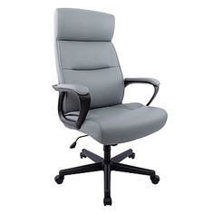 a gray office chair with arms and wheels on an isolated white background, viewed from the front