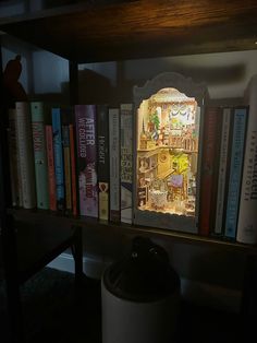 an illuminated book shelf with books on it