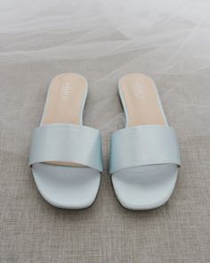 Light Blue Satin Women Flats Bride Flat Sandals, Quinceanera Shoes, Bridesmaid Sandals, Shoes For Brides, Bridesmaids Shoes, Low Block Heel Sandal, Navy Blue Shoes, Pearl Sandals, Blue Wedding Shoes