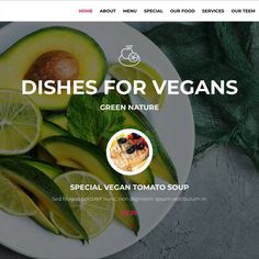 the website for dishes for vegans is displayed on a plate with sliced avocados