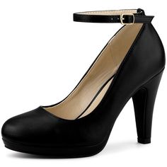 These ankle strap heels have a sleek PU upper and a stiletto heel to add a touch of height and style to your everyday look. Wear these to work for a professional look but also look cute after hours with the ankle strap. Heel Pumps; Stiletto Heel; Vamp: Faux Leather; Outsole: Rubber; Heel: ABS; Heel Height: 3 7/8 inches, Slight Platform Height: 1/2 inches. Color: black-pu. Gender: female. Age Group: adult. Pattern: Solid. Block Heel With Padded Ankle For Work, Workwear Heels With Padded Ankle And Block Heel, Workwear Block Heel Shoes With Padded Ankle, Ankle Strap Platform Heels For Work, Platform Heels With Ankle Strap For Work, Ankle Strap Platform Heels For Office, Chic Heels With Padded Ankle And Round Toe, Closed Toe Heels With Padded Ankle And Medium Width, Medium Width Closed Toe Heels With Padded Ankle