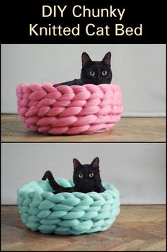 two pictures of a cat in a bed made out of yarn, with the caption diy chunk knitted cat bed