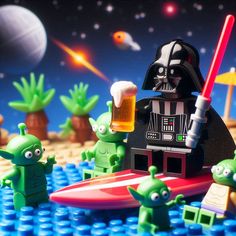 star wars legos are in the water with toys around them, including a darth vader and aliens