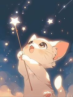 a white cat holding a sparkle stick in its paws and looking up at the sky