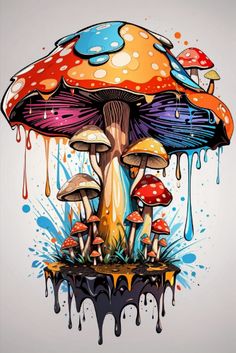 colorful mushrooms with dripping paint on them