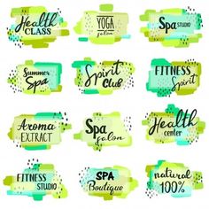 six watercolor labels with different types of spa products