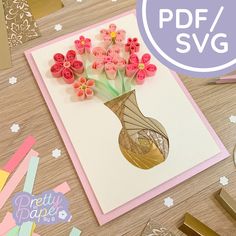 a card with flowers in a vase on it and the words pretty paper studio next to it