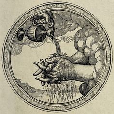 an old drawing of a hand holding a watering can