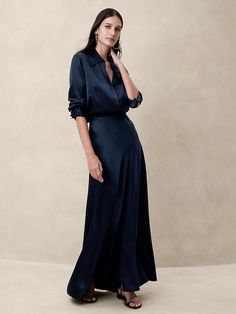 Serenade Silk Maxi Skirt | Banana Republic Black Silk Skirt Outfit, Satin Skirt Outfit Classy, Wedding Guest Skirt, Silk Skirt Outfit, Satin Skirt Outfit, Black Silk Skirt, Satin Maxi Skirt, Silk Maxi Skirt, Maxi Skirt Outfits