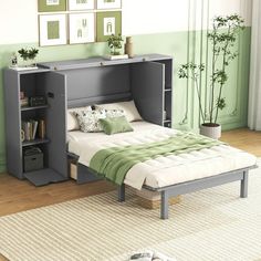 a bed with a book shelf above it in a green room next to a white rug