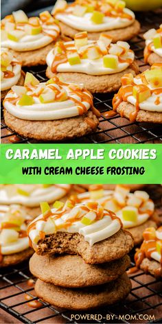 caramel apple cookies with cream cheese frosting are cooling on a wire rack and then topped with candy