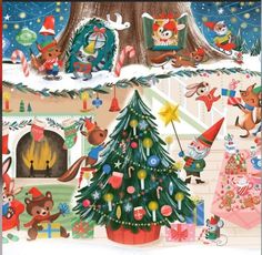 a christmas tree with many animals around it