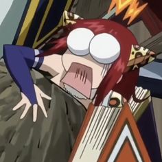 an anime character with red hair and blue eyes is holding her head in the air