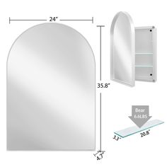 an arch shaped mirror and shelf with measurements