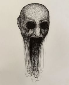 a drawing of an alien head with long hair on it's face and mouth