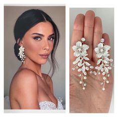 White Acrylic Earrings, Boho Wedding Earrings, Earring Bridal, Beach Wedding Jewelry, Statement Earrings Wedding, Bridal Statement Earrings, Leaf Earring, Formal Ball Gown, Crystal Bridal Earrings