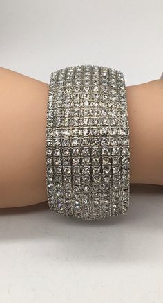 "Vintage beautiful silver tone with crystal crusted all over wide cuff bracelet measures 7.75\" Circumference by 1.5\" width" Large Bracelet, Wide Cuff Bracelets, Peridot Stone, Wide Cuff, Beautiful Bracelet, Clear Crystal, Vintage Sterling Silver, Beautiful Earrings, Cuff Bracelet