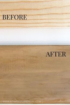 the before and after of a woodworking project with text overlaying that reads,