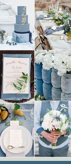 blue and white wedding decor with flowers in mason jars, napkins, candles, plates